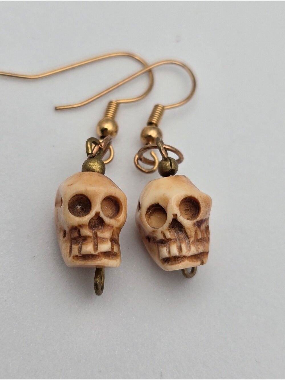 Antique Copper Dangle Earrings Carved Bone Skull Beads Boho Statement 1.5”